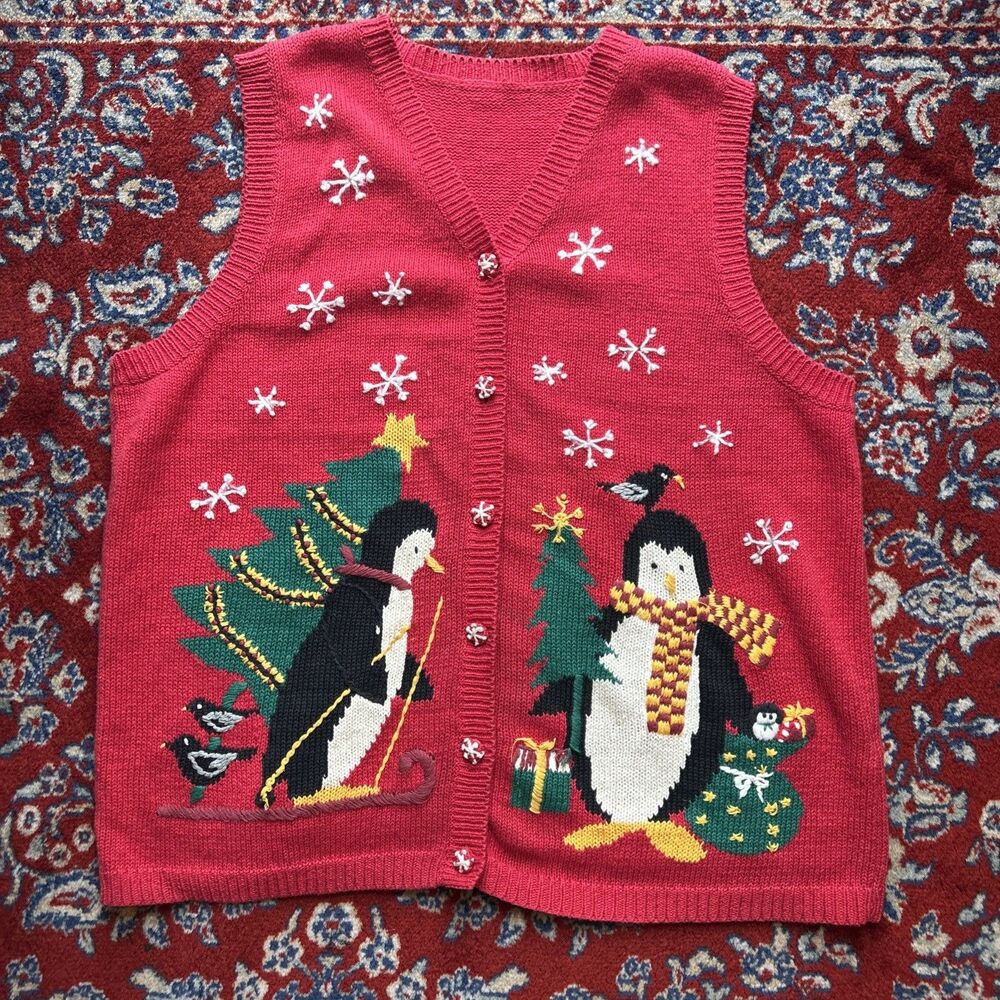 Vtg Tiara International Large Penguin Christmas Sweater Vest Red Cottagecore